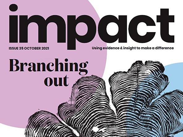 Impact October issue 2021 cover with the line 'branching out' and an outline of a tree